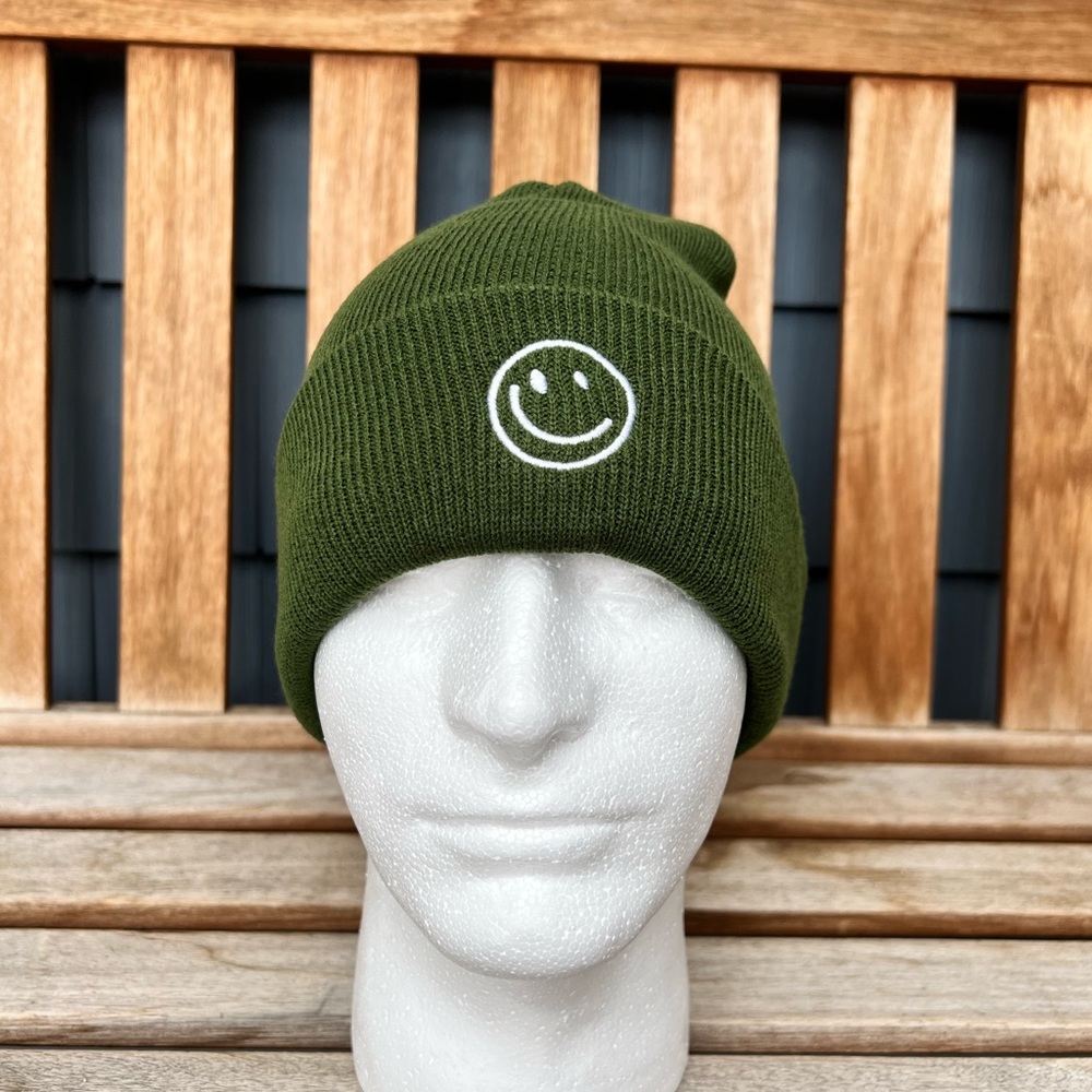 Dark Green Happy Face Beanie